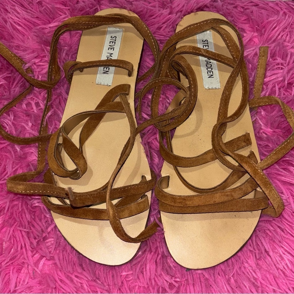 Steve Madden Tellers Brown Suede Open Toe Strap Tie Up Sandals Women Size 9 - Picture 3 of 4